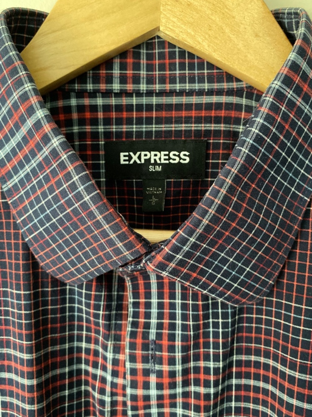 Express Slim Fit Plaid Dress Shirt Mens Large Navy Red White Stretch Button Down